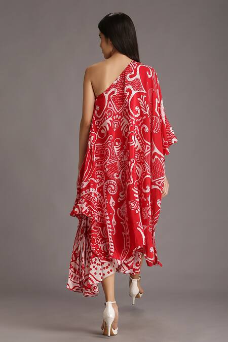 Shop Alpona Designs By Soham Acharya Red Natural Crepe Ocean Asymmetric Print One Shoulder Dress at Aza Fashions Shop_Alpona Designs By Soham Acharya_Red Natural Crepe Ocean Asymmetric Print One Shoulder Dress _at_Aza_Fashions