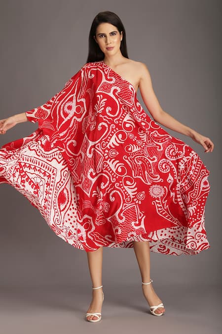 Alpona Designs By Soham Acharya Red Natural Crepe Ocean Asymmetric Print One Shoulder Dress Online at Aza Fashions Alpona Designs By Soham Acharya_Red Natural Crepe Ocean Asymmetric Print One Shoulder Dress _Online_at_Aza_Fashions