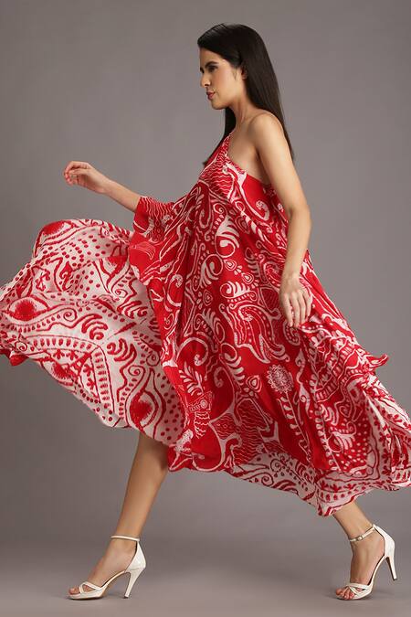 Buy Alpona Designs By Soham Acharya Red Natural Crepe Ocean Asymmetric Print One Shoulder Dress Online at Aza Fashions Buy_Alpona Designs By Soham Acharya_Red Natural Crepe Ocean Asymmetric Print One Shoulder Dress _Online_at_Aza_Fashions