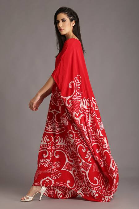 Alpona Designs By Soham Acharya Red Natural Crepe Ocean V Neck Print Kaftan Dress Online at Aza Fashions Alpona Designs By Soham Acharya_Red Natural Crepe Ocean V Neck Print Kaftan Dress _Online_at_Aza_Fashions