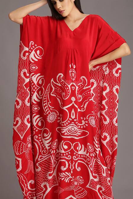 Buy Alpona Designs By Soham Acharya Red Natural Crepe Ocean V Neck Print Kaftan Dress Online at Aza Fashions Buy_Alpona Designs By Soham Acharya_Red Natural Crepe Ocean V Neck Print Kaftan Dress _Online_at_Aza_Fashions