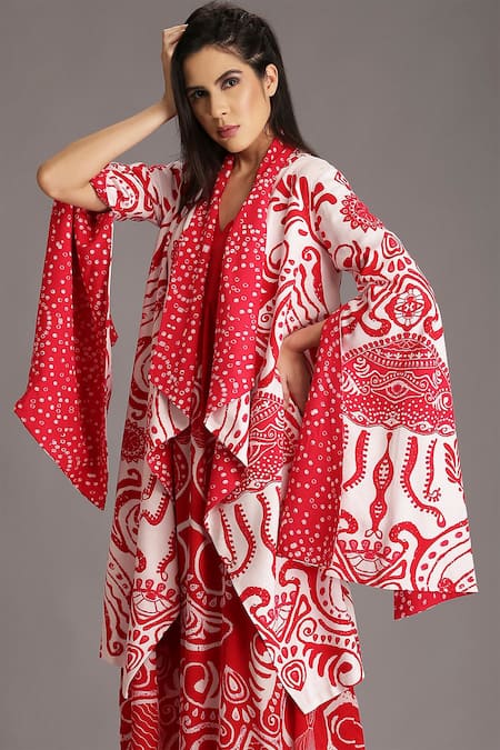 Alpona Designs By Soham Acharya_Red Rayon Cotton Ocean Shawl Collar Print Split Sleeve Jacket _Online_at_Aza_Fashions