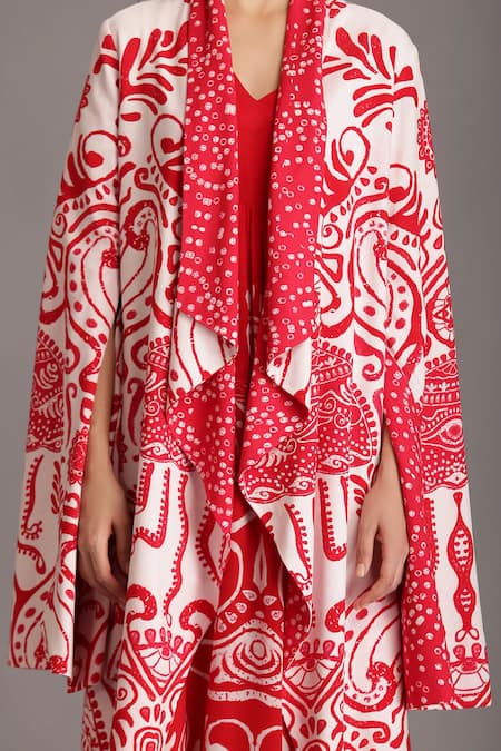 Buy_Alpona Designs By Soham Acharya_Red Rayon Cotton Ocean Shawl Collar Print Split Sleeve Jacket _Online_at_Aza_Fashions