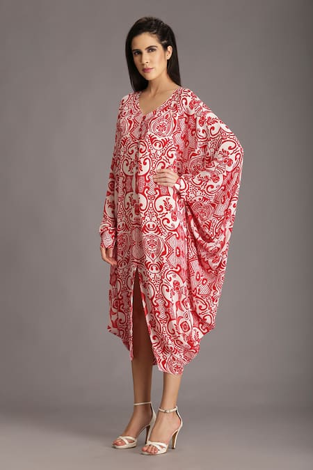 Alpona Designs By Soham Acharya_Red Natural Crepe Ocean V Neck Print Flared Sleeve Dress _Online_at_Aza_Fashions