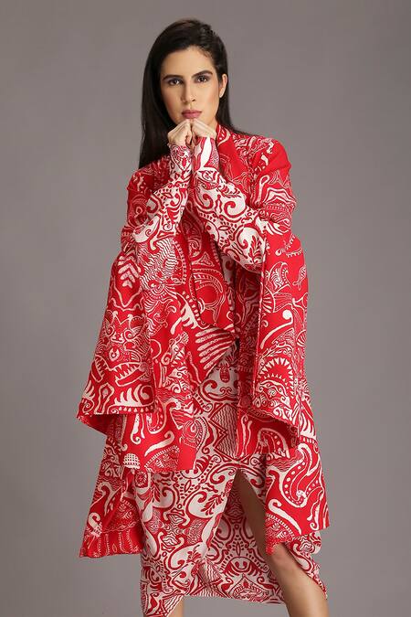 Alpona Designs By Soham Acharya_Red Rayon Cotton Ocean Shawl Collar Print Jacket _Online_at_Aza_Fashions