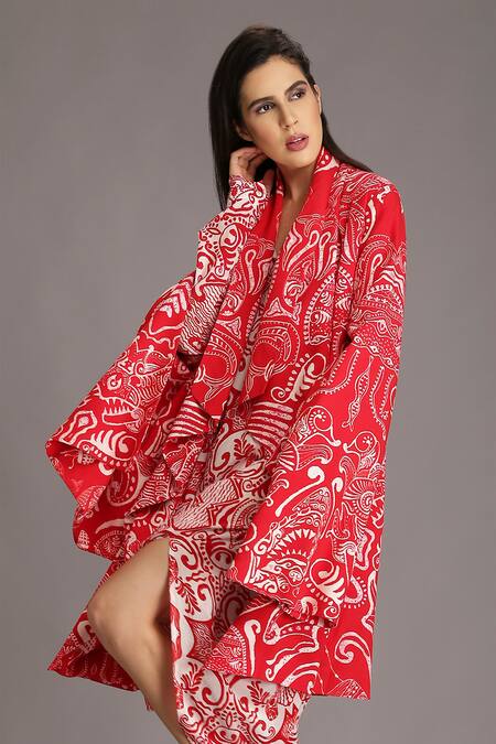 Buy_Alpona Designs By Soham Acharya_Red Rayon Cotton Ocean Shawl Collar Print Jacket _Online_at_Aza_Fashions