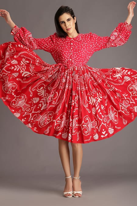 Alpona Designs By Soham Acharya Red Rayon Cotton Ocean Peter Pan Print Puff Sleeve Dress Online at Aza Fashions Alpona Designs By Soham Acharya_Red Rayon Cotton Ocean Peter Pan Print Puff Sleeve Dress _Online_at_Aza_Fashions