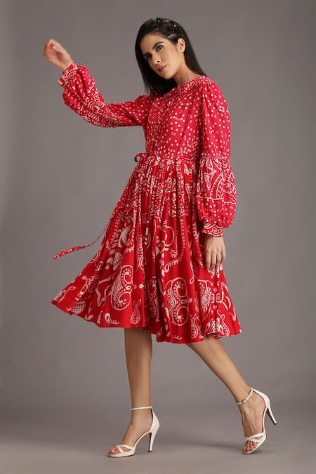 Buy Alpona Designs By Soham Acharya Red Rayon Cotton Ocean Peter Pan Print Puff Sleeve Dress Online at Aza Fashions Buy_Alpona Designs By Soham Acharya_Red Rayon Cotton Ocean Peter Pan Print Puff Sleeve Dress _Online_at_Aza_Fashions