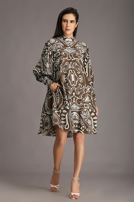 Alpona Designs By Soham Acharya Ocean Print Puff Sleeve Dress 