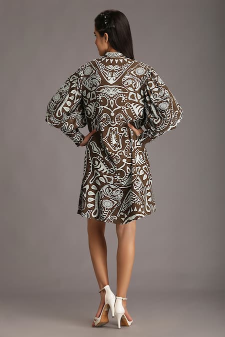 Alpona Designs By Soham Acharya Ocean Print Puff Sleeve Dress 