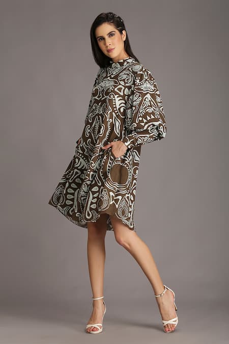 Alpona Designs By Soham Acharya_Green Rayon Cotton Ocean Mandarin Collar Print Puff Sleeve Dress _Online_at_Aza_Fashions