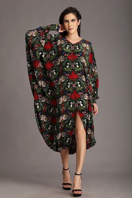 Alpona Designs By Soham Acharya Green Natural Crepe Grasshopper V Neck Print Flared Sleeve Dress 