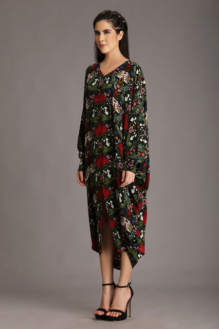 Alpona Designs By Soham Acharya Green Natural Crepe Grasshopper V Neck Print Flared Sleeve Dress Online at Aza Fashions Alpona Designs By Soham Acharya_Green Natural Crepe Grasshopper V Neck Print Flared Sleeve Dress _Online_at_Aza_Fashions