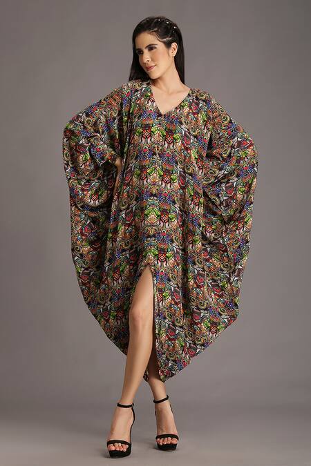 Alpona Designs By Soham Acharya_Multi Color Natural Crepe Beetle V Neck Print Front Slit Dress _Online_at_Aza_Fashions