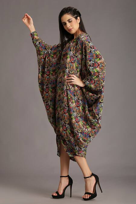 Buy_Alpona Designs By Soham Acharya_Multi Color Natural Crepe Beetle V Neck Print Front Slit Dress _Online_at_Aza_Fashions