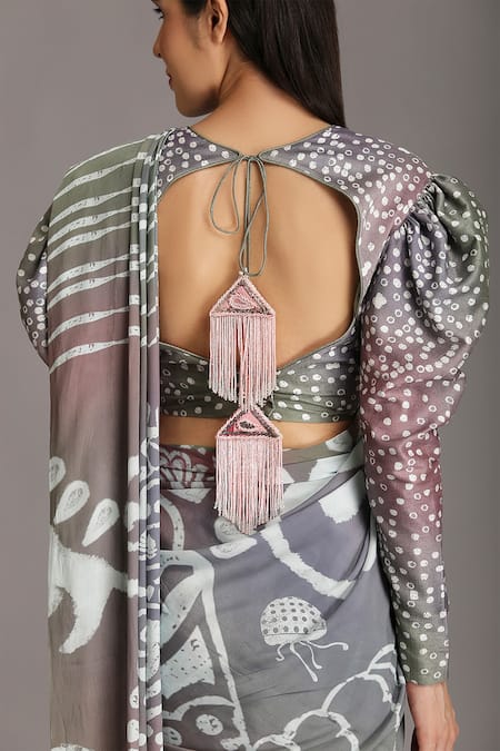 Shop Alpona Designs By Soham Acharya Grey Viscose Dupion Ocean Round Print Puff Sleeve Blouse at Aza Fashions Shop_Alpona Designs By Soham Acharya_Grey Viscose Dupion Ocean Round Print Puff Sleeve Blouse _at_Aza_Fashions