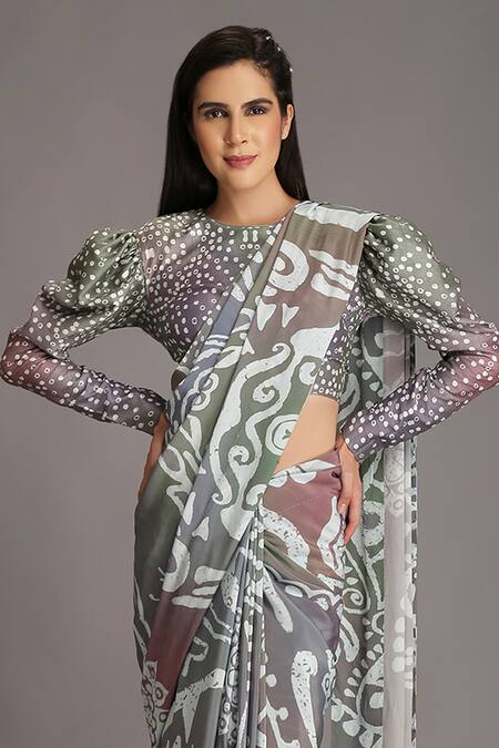 Alpona Designs By Soham Acharya Grey Viscose Dupion Ocean Round Print Puff Sleeve Blouse Online at Aza Fashions Alpona Designs By Soham Acharya_Grey Viscose Dupion Ocean Round Print Puff Sleeve Blouse _Online_at_Aza_Fashions