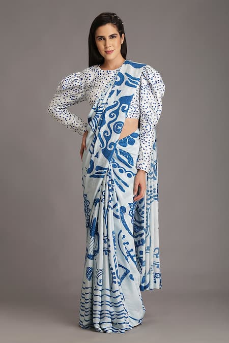 Alpona Designs By Soham Acharya White Viscose Dupion Printed Polka Round Puff Sleeve Blouse 