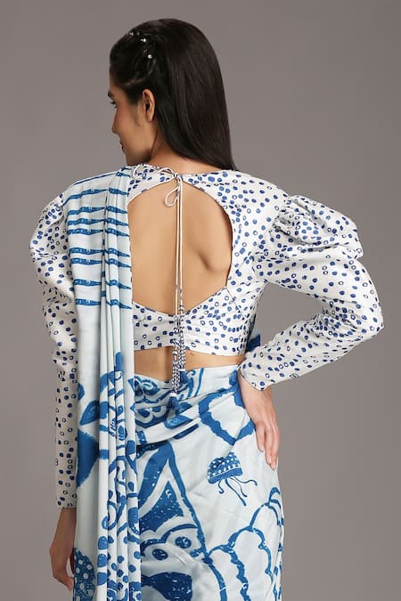 Shop Alpona Designs By Soham Acharya White Viscose Dupion Polka Round Print Puff Sleeve Blouse at Aza Fashions Shop_Alpona Designs By Soham Acharya_White Viscose Dupion Polka Round Print Puff Sleeve Blouse _at_Aza_Fashions
