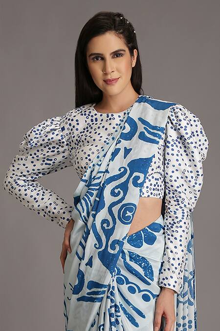 Alpona Designs By Soham Acharya White Viscose Dupion Polka Round Print Puff Sleeve Blouse Online at Aza Fashions Alpona Designs By Soham Acharya_White Viscose Dupion Polka Round Print Puff Sleeve Blouse _Online_at_Aza_Fashions