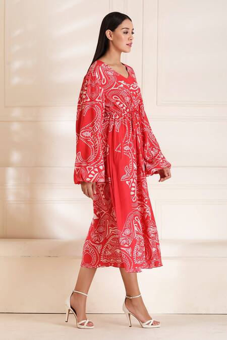 Alpona Designs By Soham Acharya_Red Rayon Cotton Ocean V Neck Print Flared Sleeve Dress _Online_at_Aza_Fashions