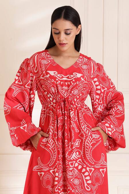 Buy_Alpona Designs By Soham Acharya_Red Rayon Cotton Ocean V Neck Print Flared Sleeve Dress _Online_at_Aza_Fashions
