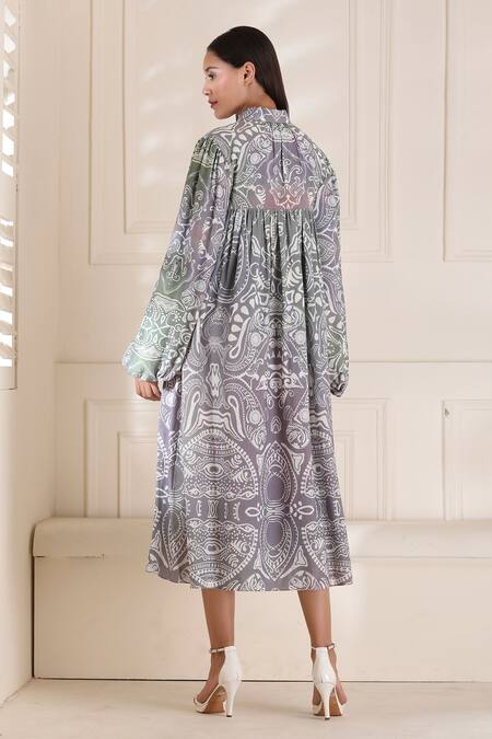 Alpona Designs By Soham Acharya Ocean Print Puff Sleeve Dress 