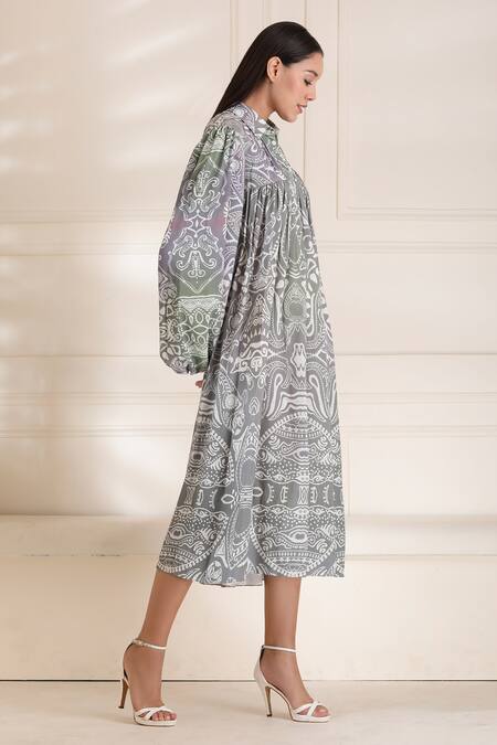 Alpona Designs By Soham Acharya Grey Rayon Cotton Ocean Shirt Collar Print Puff Sleeve Dress Online at Aza Fashions Alpona Designs By Soham Acharya_Grey Rayon Cotton Ocean Shirt Collar Print Puff Sleeve Dress _Online_at_Aza_Fashions