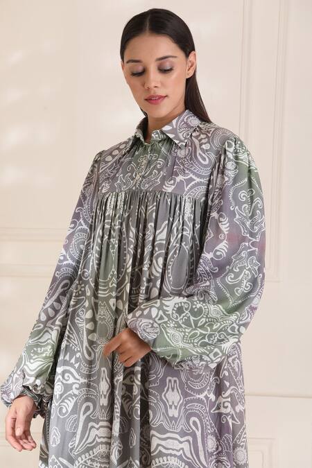 Buy Alpona Designs By Soham Acharya Grey Rayon Cotton Ocean Shirt Collar Print Puff Sleeve Dress Online at Aza Fashions Buy_Alpona Designs By Soham Acharya_Grey Rayon Cotton Ocean Shirt Collar Print Puff Sleeve Dress _Online_at_Aza_Fashions