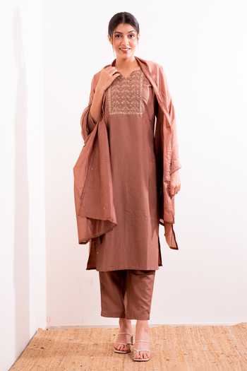 Sunoh Studio_Beige Viscose Myra Hand Embroidered Kurta Set_Online_at_Aza_Fashions
