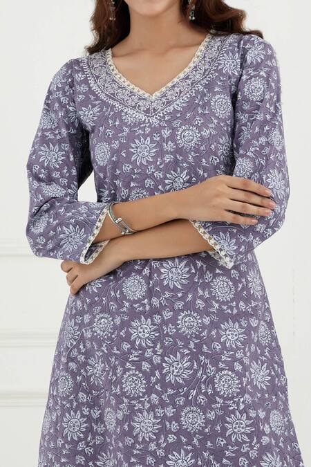 Shop_Tashee_Purple Cotton Floral V Neck Print Kurta Set_Online_at_Aza_Fashions