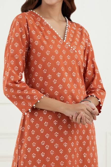 Shop_Tashee_Brown Cotton Floral V Neck Print Kurta Set _Online_at_Aza_Fashions