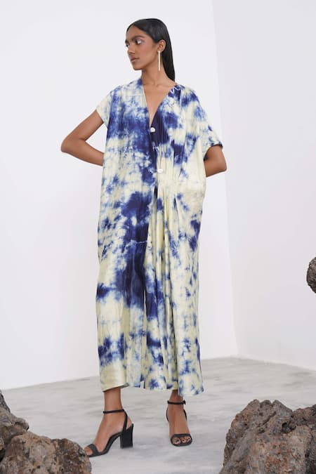 Corpora Studio_Green Silk V Neck Summer Sky Dress _Online_at_Aza_Fashions