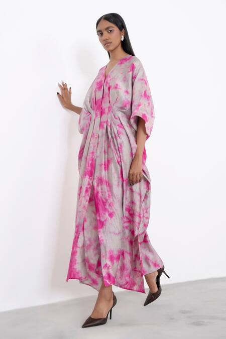 Corpora Studio_Pink Silk V Neck Bougainvillea Cloud Kaftan _Online_at_Aza_Fashions