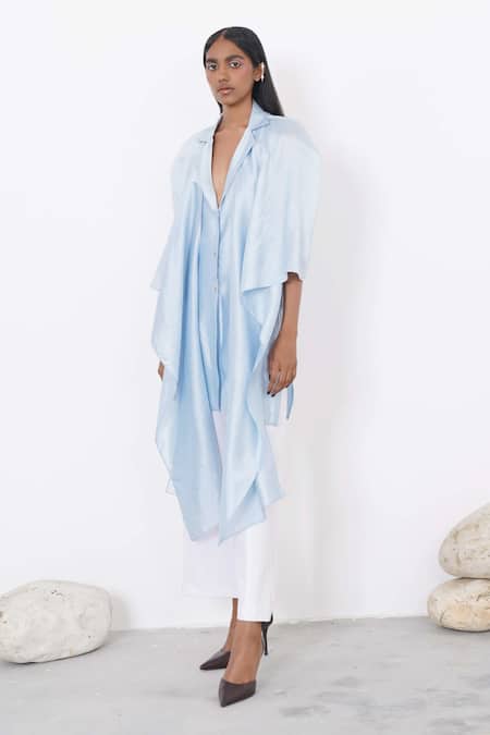 Corpora Studio_Blue Silk Collared Neck Scarf Tunic _Online_at_Aza_Fashions