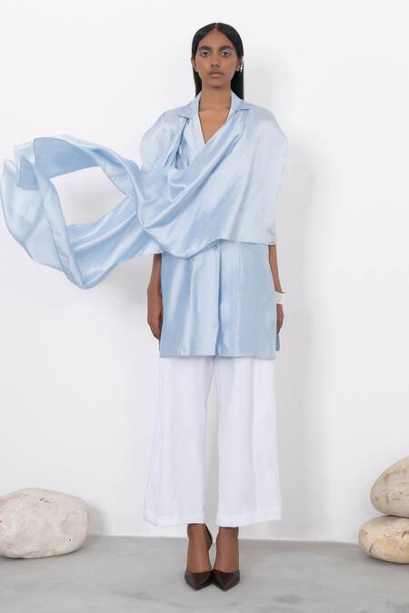 Buy_Corpora Studio_Blue Silk Collared Neck Scarf Tunic _Online_at_Aza_Fashions