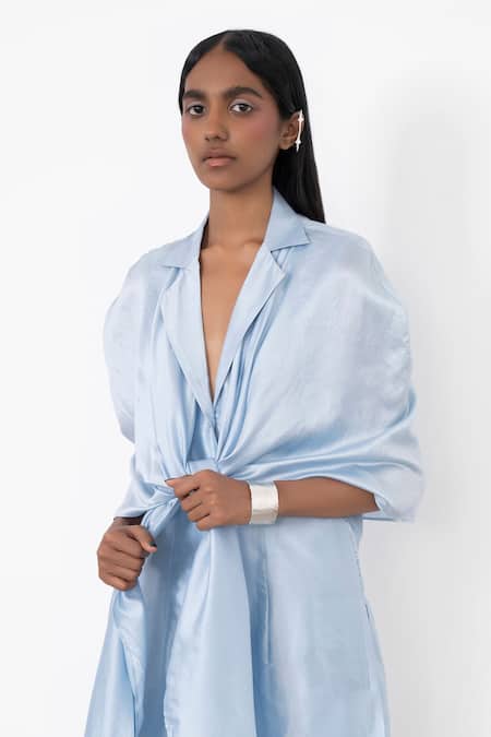 Shop_Corpora Studio_Blue Silk Collared Neck Scarf Tunic _Online_at_Aza_Fashions