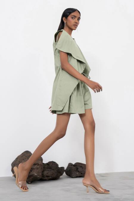 Corpora Studio Green Cotton Collared Neck Sleeveless Overlay And Shorts Set Online at Aza Fashions Corpora Studio_Green Cotton Collared Neck Sleeveless Overlay And Shorts Set _Online_at_Aza_Fashions