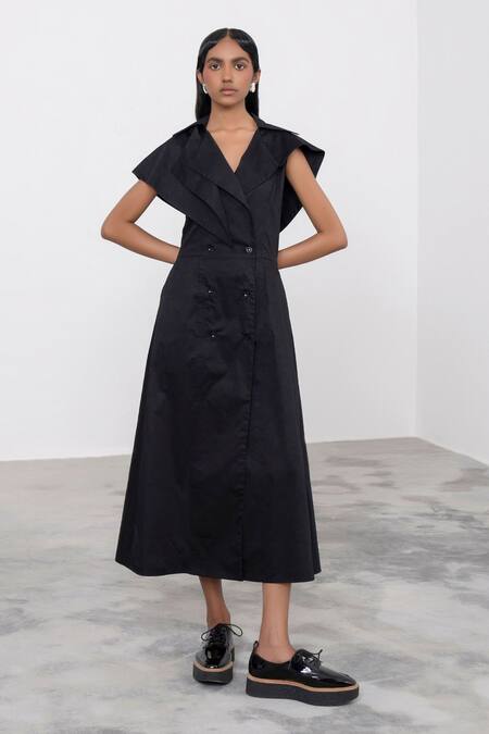 Corpora Studio_Black Cotton Collared Neck Midi Dress _Online_at_Aza_Fashions