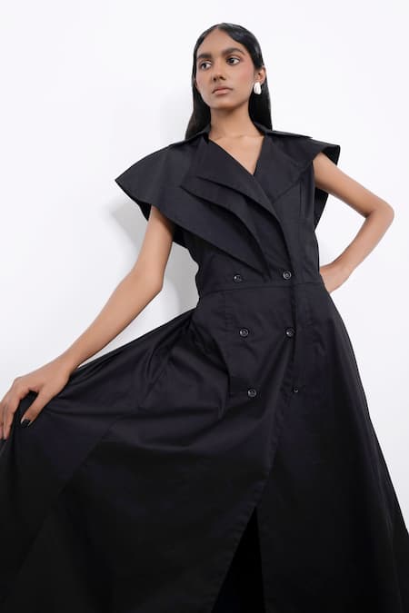 Buy_Corpora Studio_Black Cotton Collared Neck Midi Dress _Online_at_Aza_Fashions