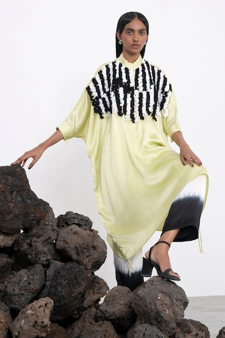 Corpora Studio_Green Satin Frill High Tunic And Pant Set _Online_at_Aza_Fashions