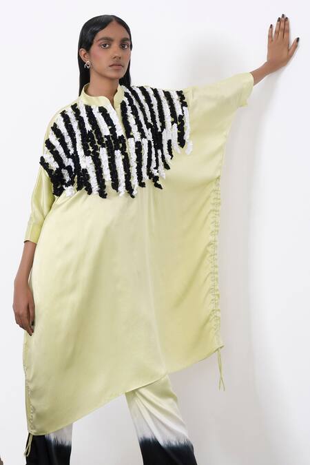 Buy_Corpora Studio_Green Satin Frill High Tunic And Pant Set _Online_at_Aza_Fashions