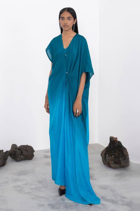 Corpora Studio_Blue Satin V Neck Ombre Asymmetric Dress _Online_at_Aza_Fashions