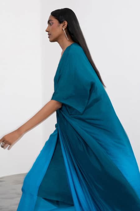 Buy_Corpora Studio_Blue Satin V Neck Ombre Asymmetric Dress _Online_at_Aza_Fashions