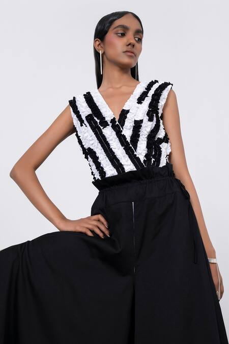 Corpora Studio_Black Cotton Frill V Neck Power Blouse _Online_at_Aza_Fashions