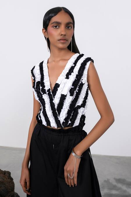 Buy_Corpora Studio_Black Cotton Frill V Neck Power Blouse _Online_at_Aza_Fashions