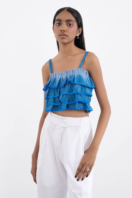 Corpora Studio Blue Cotton Organza Square Neck Ombre Crop Top Online at Aza Fashions Corpora Studio_Blue Cotton Organza Square Neck Ombre Crop Top_Online_at_Aza_Fashions