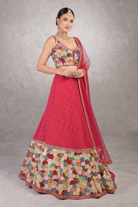 Talking Threads_Red Blouse- , Lehenga- And Raw Silk Embroidered Set_Online_at_Aza_Fashions