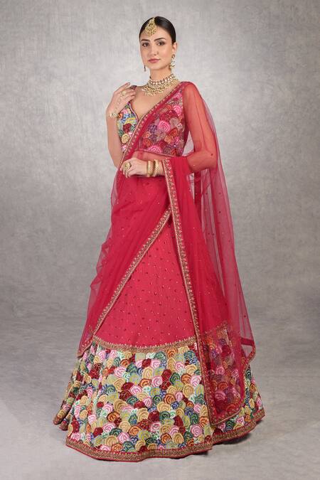 Buy_Talking Threads_Red Blouse- , Lehenga- And Raw Silk Embroidered Set_Online_at_Aza_Fashions