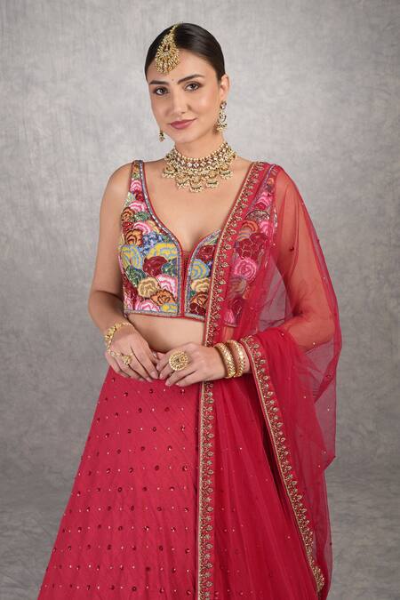 Shop_Talking Threads_Red Blouse- , Lehenga- And Raw Silk Embroidered Set_Online_at_Aza_Fashions
